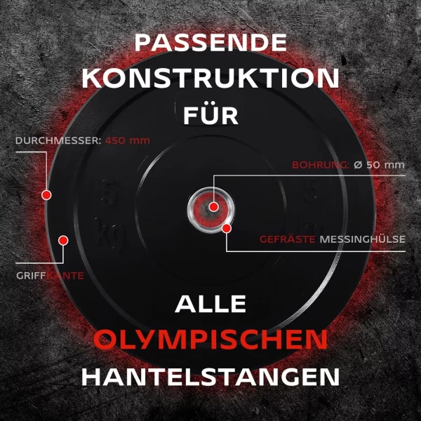 Olympische Hantelscheibe Ø 50 mm Semiprofessionell aus Hartgummi 15 kg – Bild 3