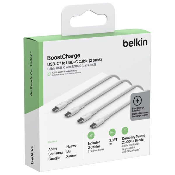 1x2 Belkin USB-C/USB-C 2.0 PVC 1m, Doppelp.weiß CAB003bt1MWH2PK – Bild 2