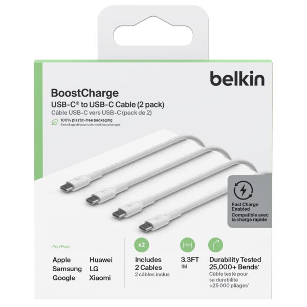 1x2 Belkin USB-C/USB-C 2.0 PVC 1m, Doppelp.weiß CAB003bt1MWH2PK – Bild 3