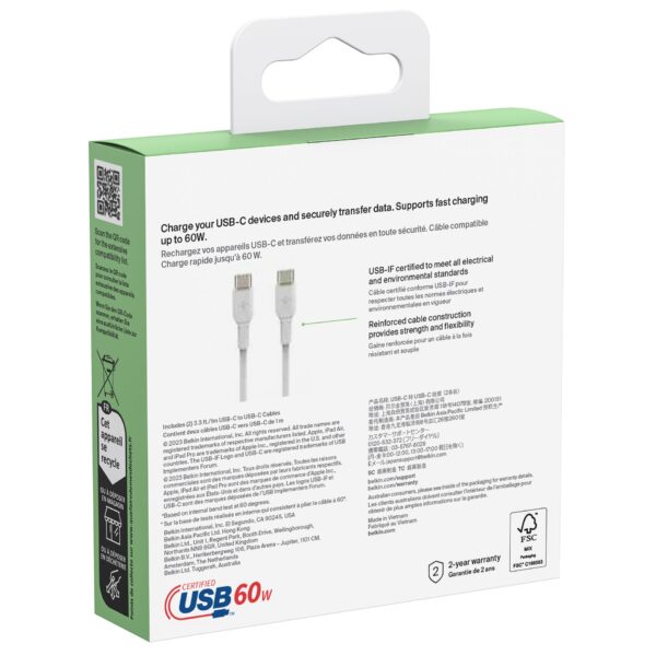 1x2 Belkin USB-C/USB-C 2.0 PVC 1m, Doppelp.weiß CAB003bt1MWH2PK – Bild 4