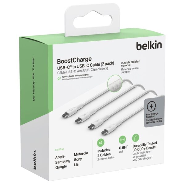 1x2 Belkin geflocht. PVC Kab.2m USB-C/USB-C weiß CAB004bt2MWH2PK – Bild 2