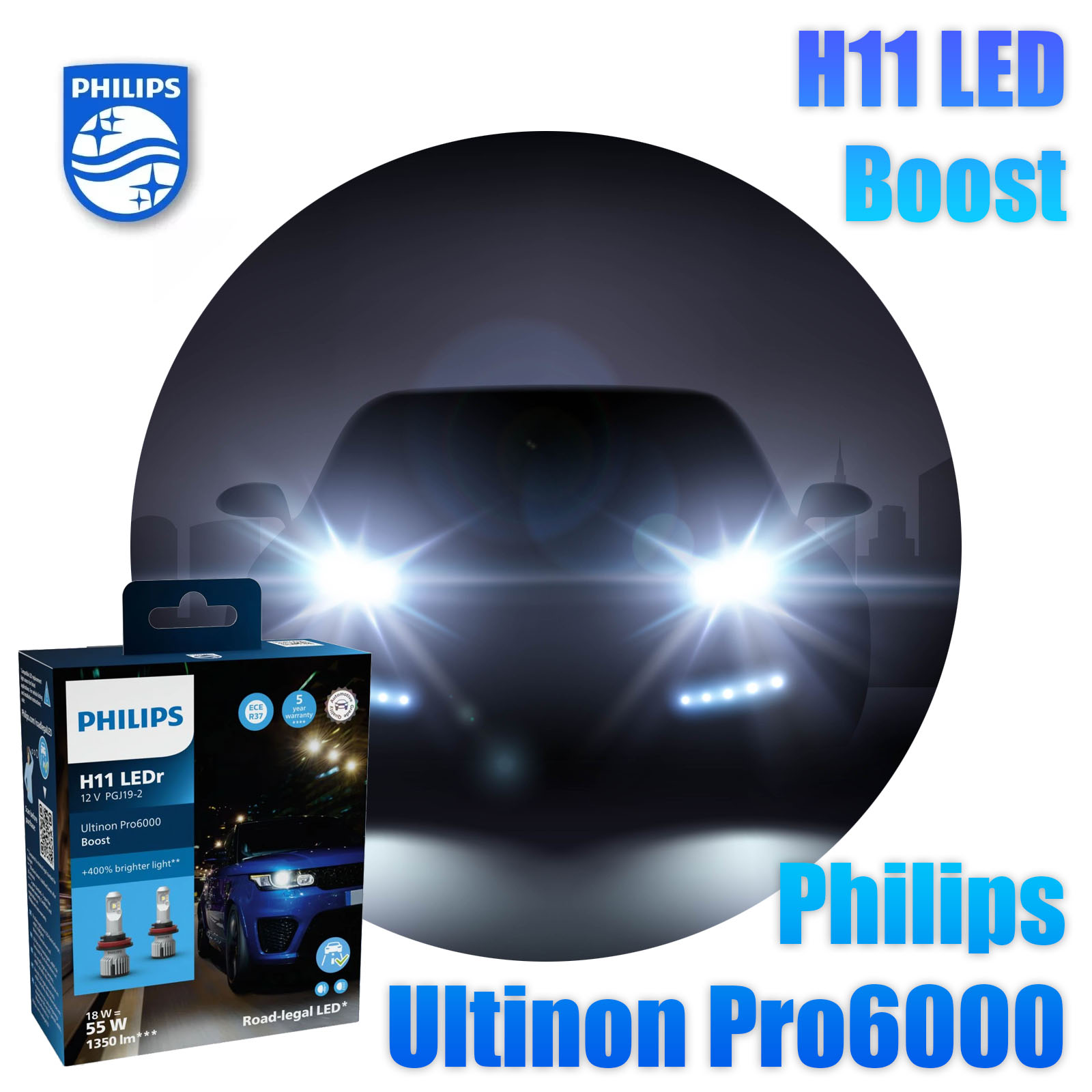 2 Stück H11 Philips 12V 18W Ultinon Pro6000 Boost 5800K +400% mit Strassenzulassung