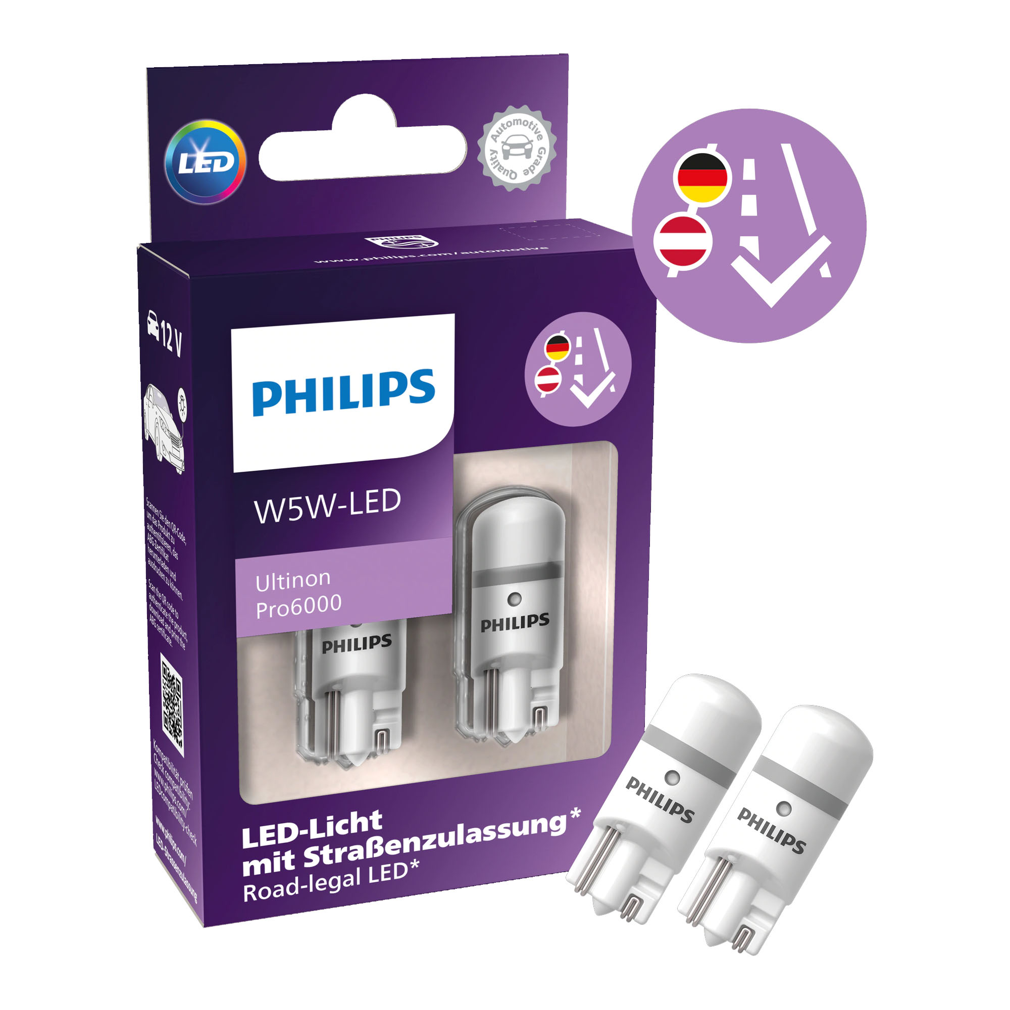 2 Stück Philips LED W5W 12V 0,9W Ultinon Pro6000 mit Straßenzulassung 6000K